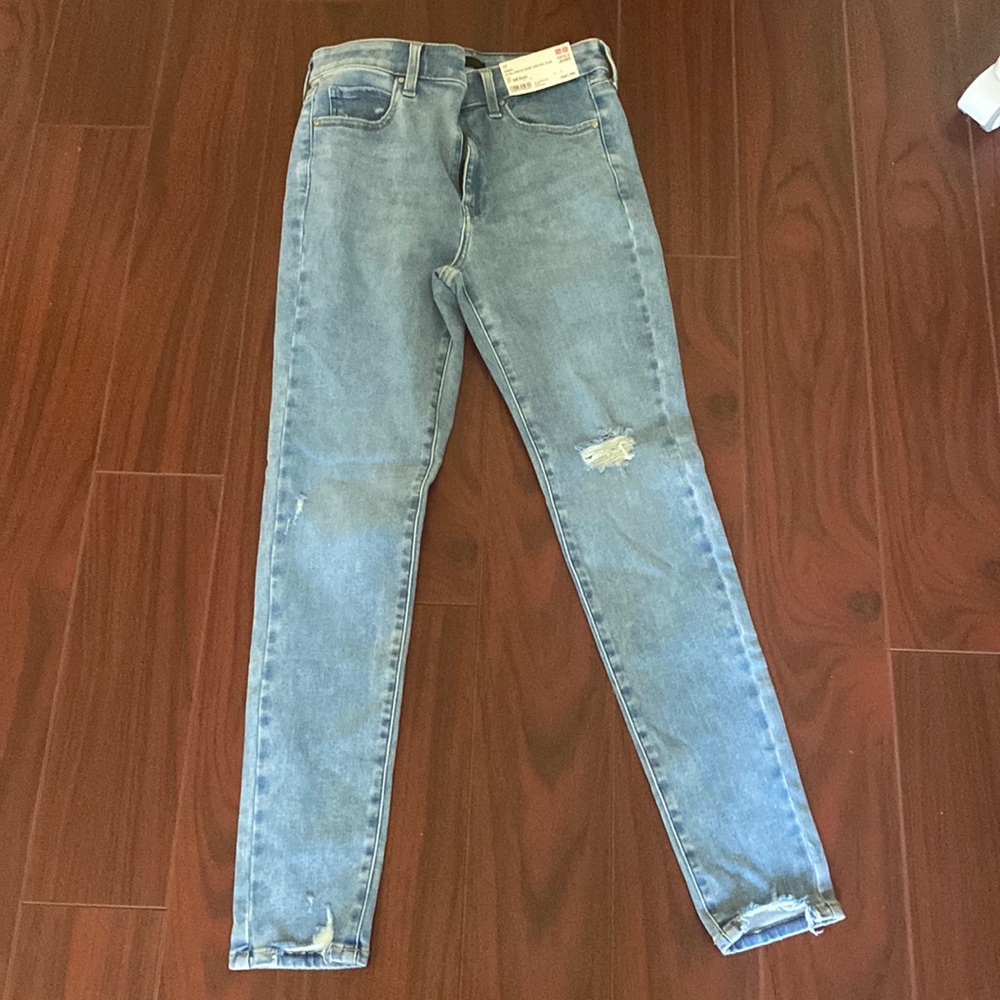 Uniqlo blue skinny high rise ripped jeans womens
